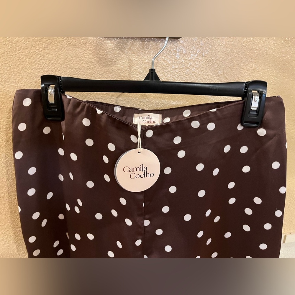 Camila Coelho wide leg polka dot satin pants. Stretchy waist. Brown white M. NWT - Picture 5 of 12